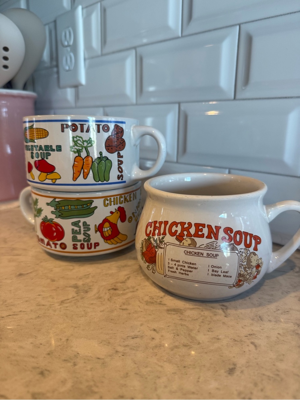 Vintage Chicken Soup Recipe Mug and 2 Cisco Vegetable Mugs Set Lot
